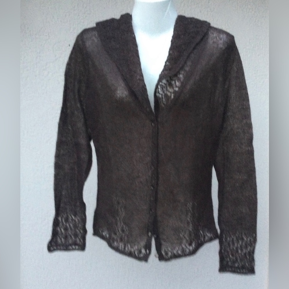 Vintage Y2K Brown Sheer Knit Hooded Cardigan Sweater Lightweight Wool Small